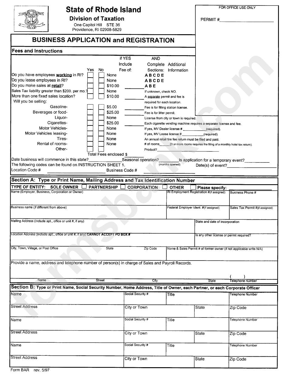 Form Bar - Business Application And Registration - Rhode Island Division Of Taxation
