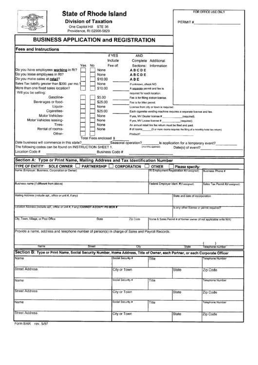 Form Bar - Business Application And Registration - Rhode Island Division Of Taxation Printable pdf