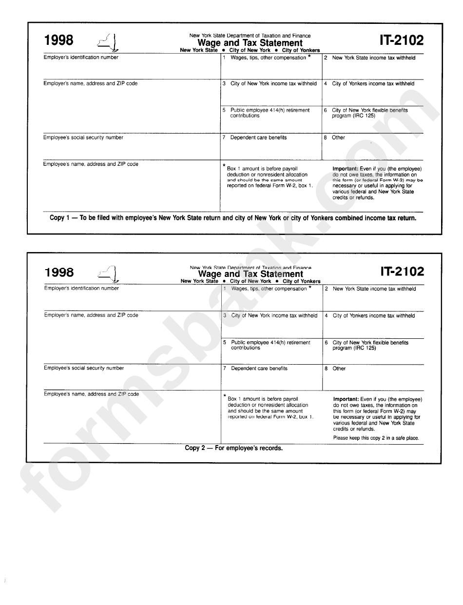 Form It-2102 - Wage And Tax Statement - New York State Department Of Taxation And Finance - 1998