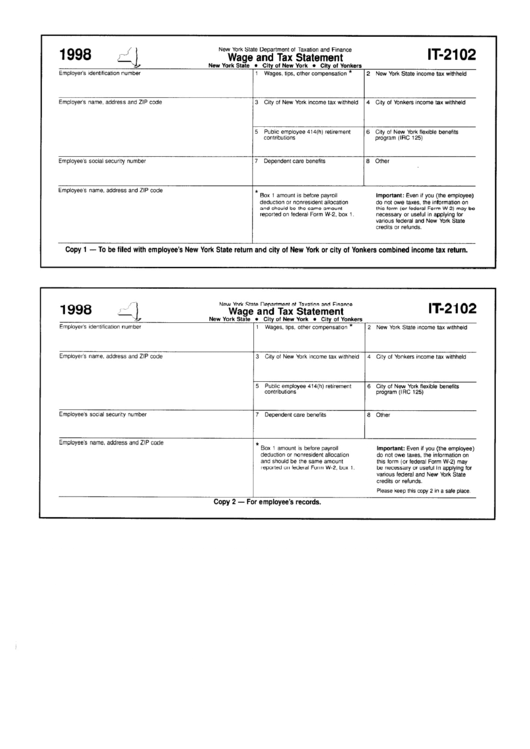 Fillable Form It-2102 - Wage And Tax Statement - New York State Department Of Taxation And Finance - 1998 Printable pdf