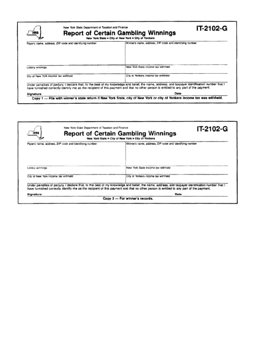 Fillable Form It-2102-G - Report Of Certain Gambling Winnings Printable pdf