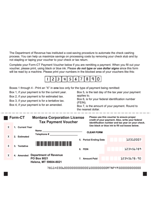 Fillable Form-Ct - Montana Corporation License Tax Payment Voucher Printable pdf