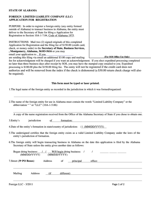 Fillable Foreign Limited Liability Company (Llc) Application For Registration - Alabama Secretary Of State 2011 Printable pdf