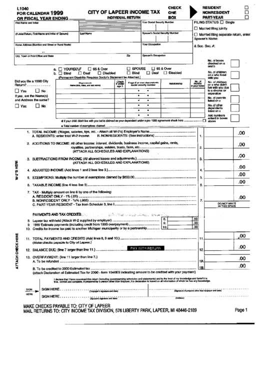 Form L1040 - City Of Lapeer Income Tax - 1999 Printable pdf