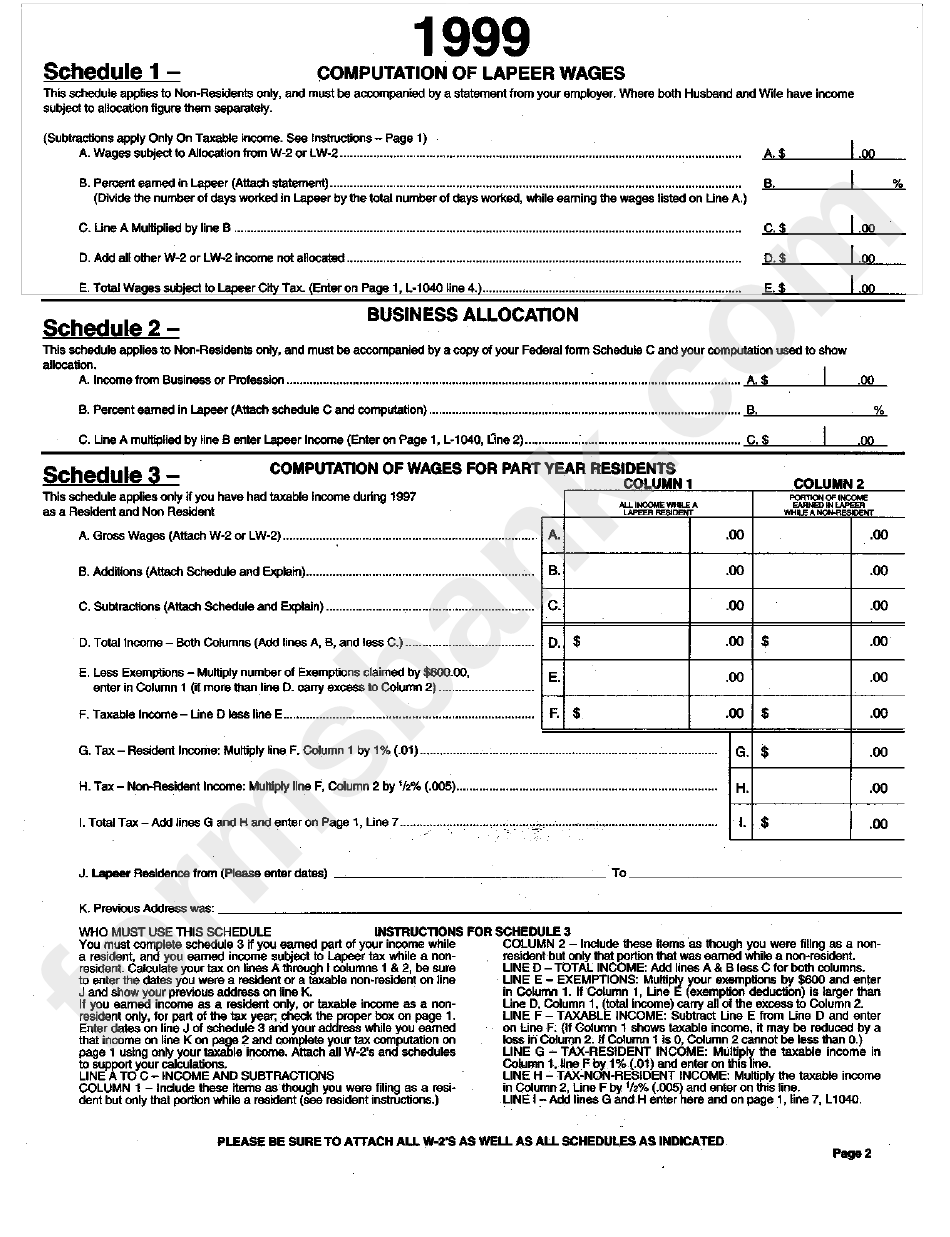 Form L1040 - City Of Lapeer Income Tax - 1999