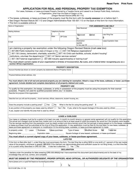 Fillable Form 150-310-087 - Application For Real And Personal Propery Tax Exemption 2010 Printable pdf