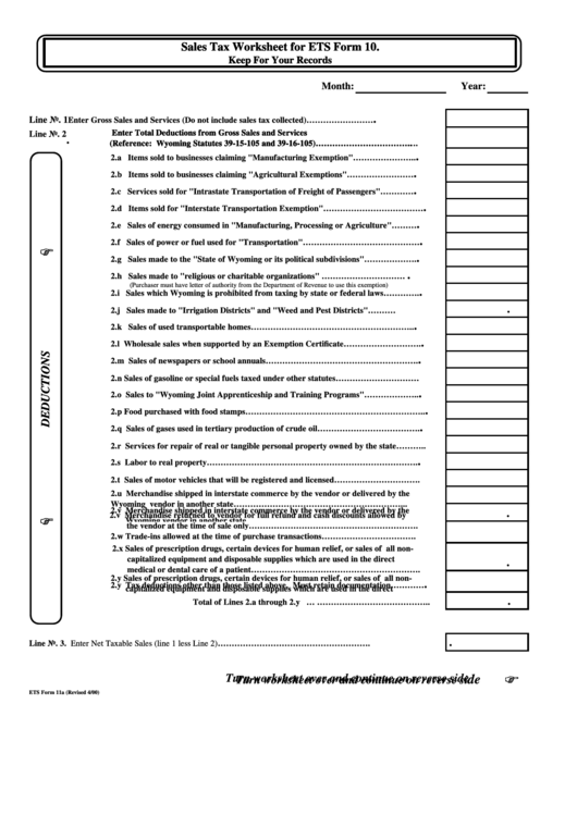 Ets Form 11a - Sales Tax Worksheet For Ets Form 10 With Instructions Printable pdf