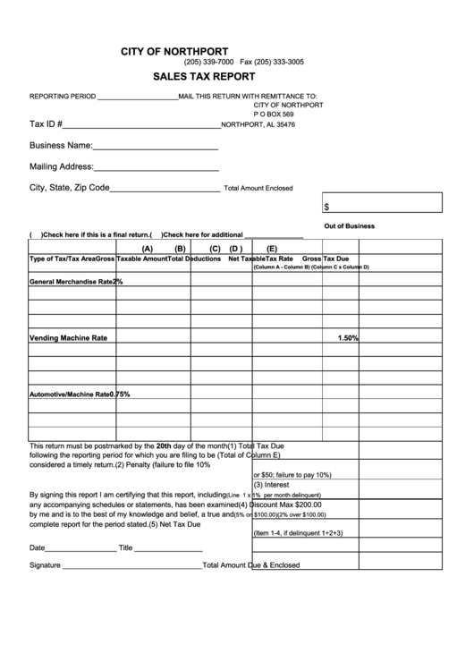 Fillable Sales Tax Report - City Of Northport Form Printable pdf
