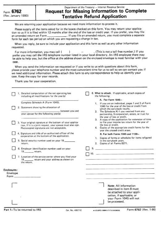 Form 6762 - Request For Missing Information To Complete Tentative Refund Application January 1990 Printable pdf