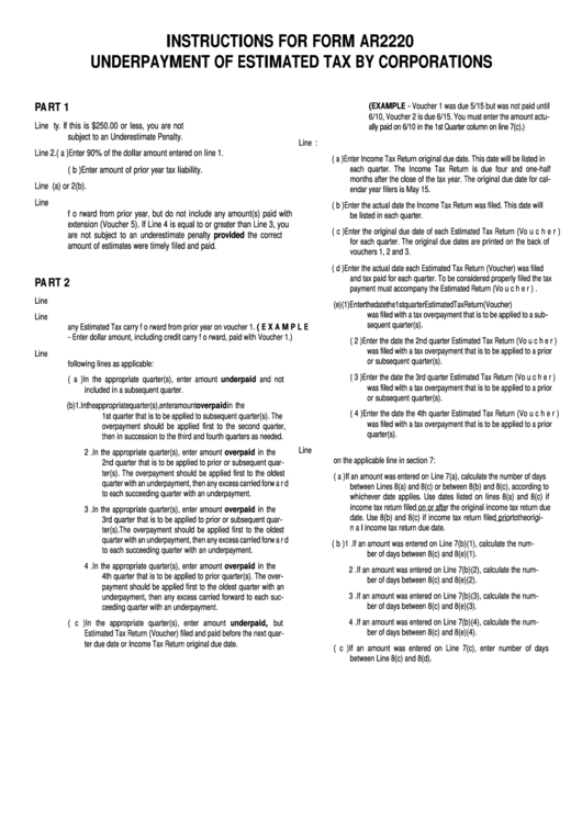 Instructions For Form Ar2220 - Underpayment Of Estimated Tax By Corporations Printable pdf