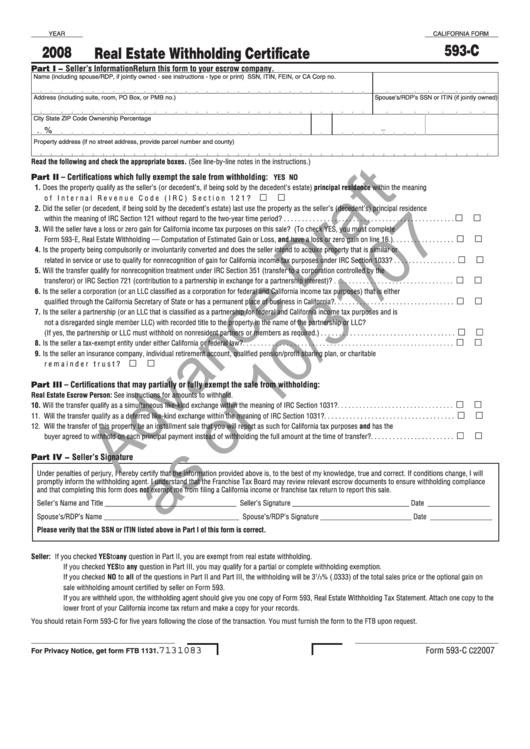 California Form 593-C Draft - Real Estate Withholding Certificate - 2008 Printable pdf