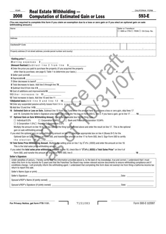 Form 593-E Draft - Real Estate Withholding - Computation Of Estimated Gain Or Loss - 2008 Printable pdf