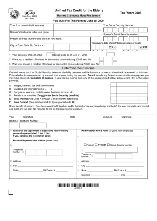 Form Sc-40 - Unified Tax Credit For The Elderly - 2008 Printable pdf