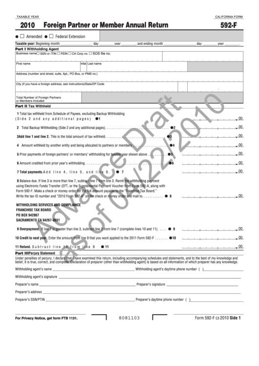 Form 592-F Draft - Foreign Partner Or Member Annual Return - 2010 Printable pdf