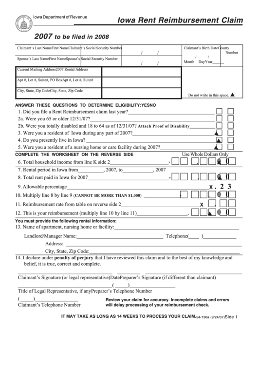 Form 54-130 - Iowa Rent Reimbursement Claim - 2007 Printable pdf