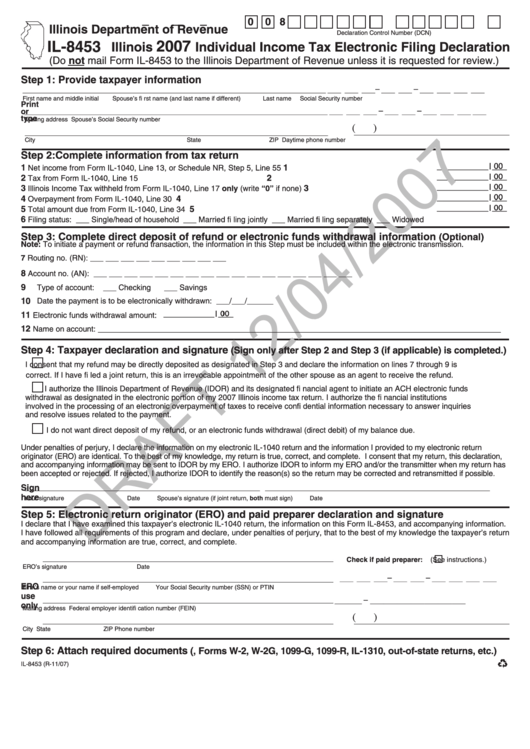 Form Il-8453 Draft - Illinois Individual Income Tax Electronic Filing Declaration - 2007 Printable pdf