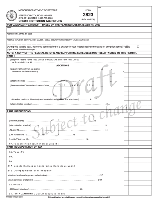 Form 2823 - Credit Institution Tax Return - 2008 Printable pdf