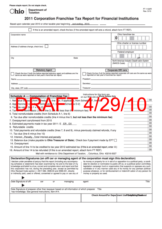 Form Ft 1120fi Draft - Corporation Franchise Tax Report For Financial Institutions - 2011 Printable pdf