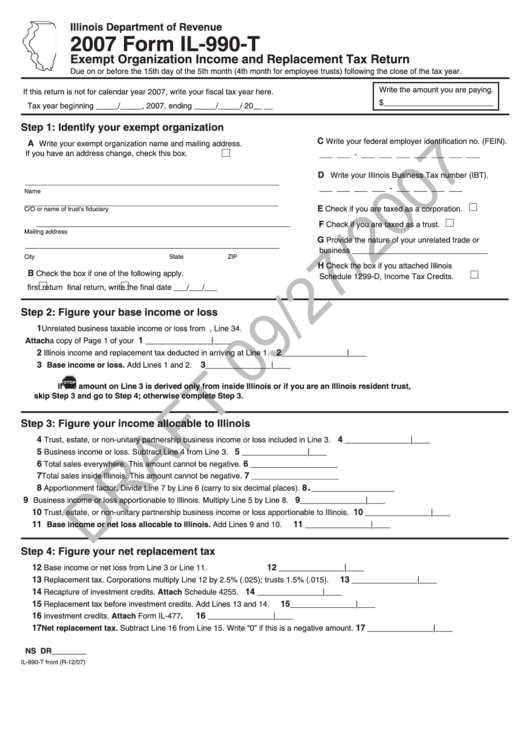 Form Il-990-T Draft - Exempt Organization Income And Replacement Tax Return - 2007 Printable pdf