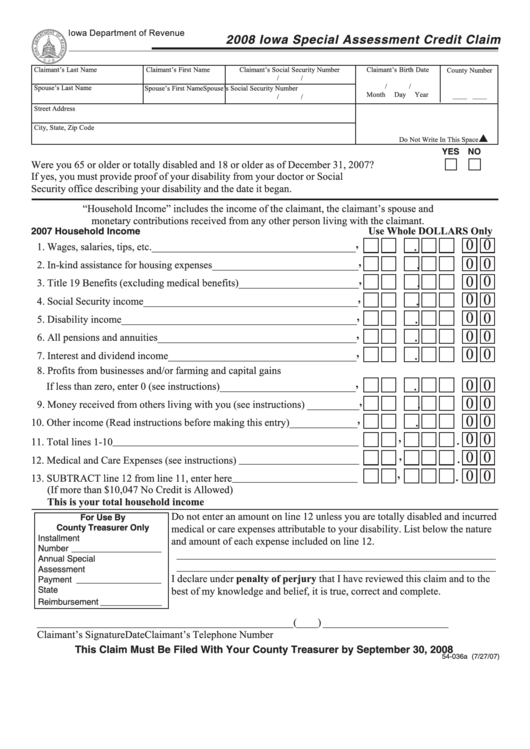 Form 54-036 - Iowa Special Assessment Credit Claim - 2008 Printable pdf