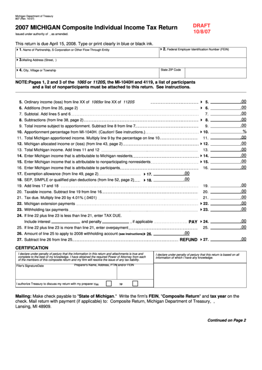 Form 807 Draft - Michigan Composite Individual Income Tax Return - 2007 Printable pdf
