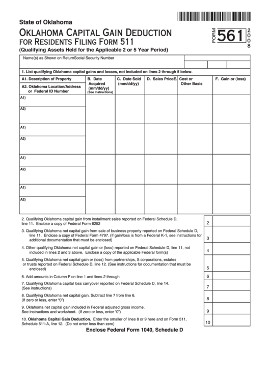 Form 561 - Oklahoma Capital Gain Deduction For Residents - 2008 Printable pdf