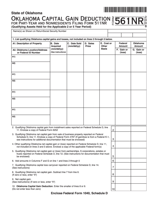 Form 561nr - Oklahoma Capital Gain Deduction For Part-Year And Nonresidents - 2008 Printable pdf