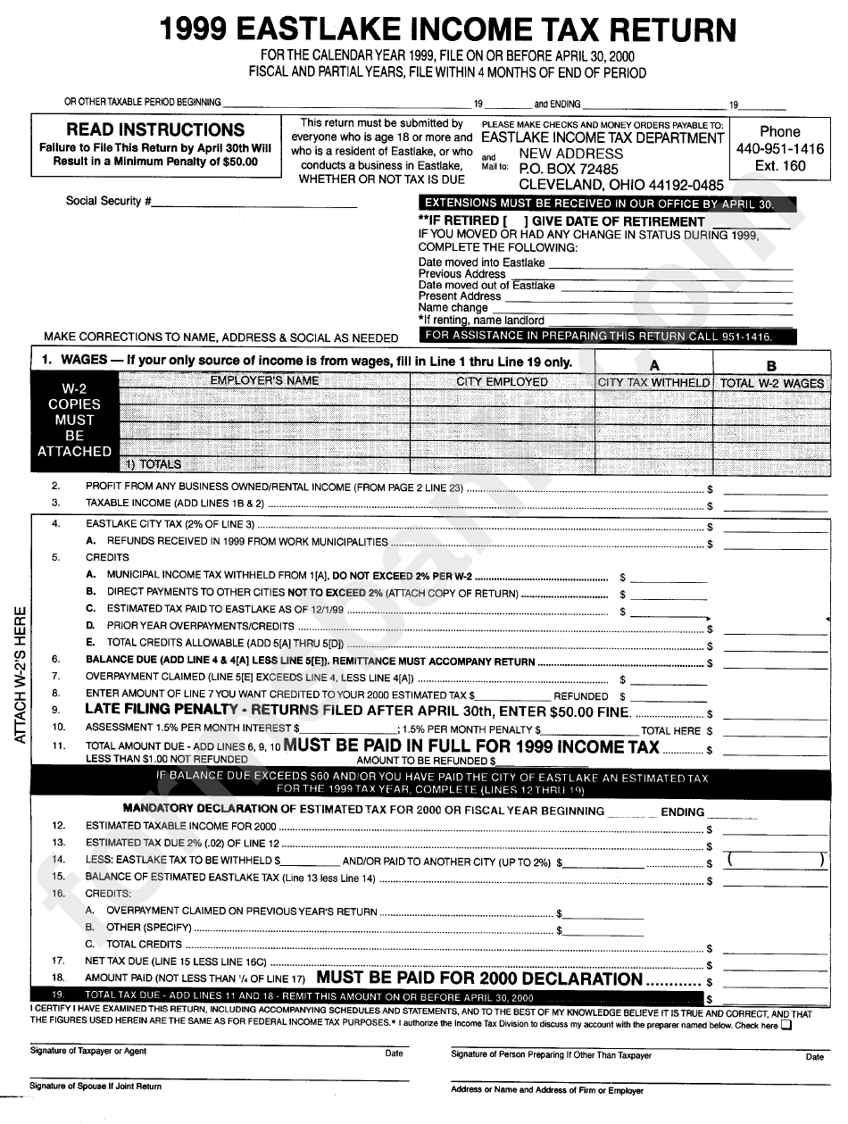 Eastlake Tax Return State Of Ohio 1999 printable pdf download