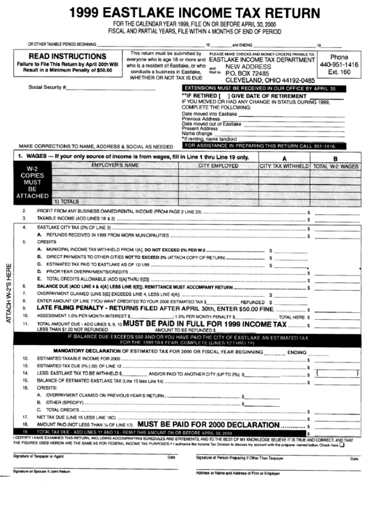 Eastlake Tax Return State Of Ohio 1999 printable pdf download