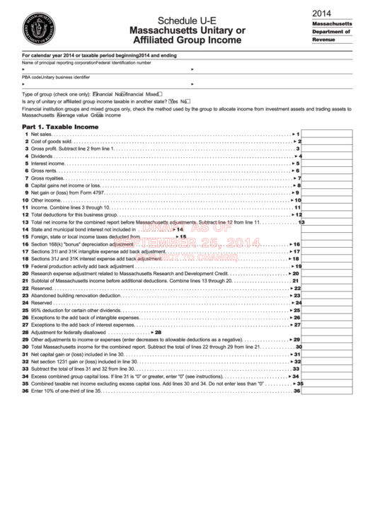 Schedule U-E Draft - Massachusetts Unitary Or Affiliated Group Income - 2014 Printable pdf