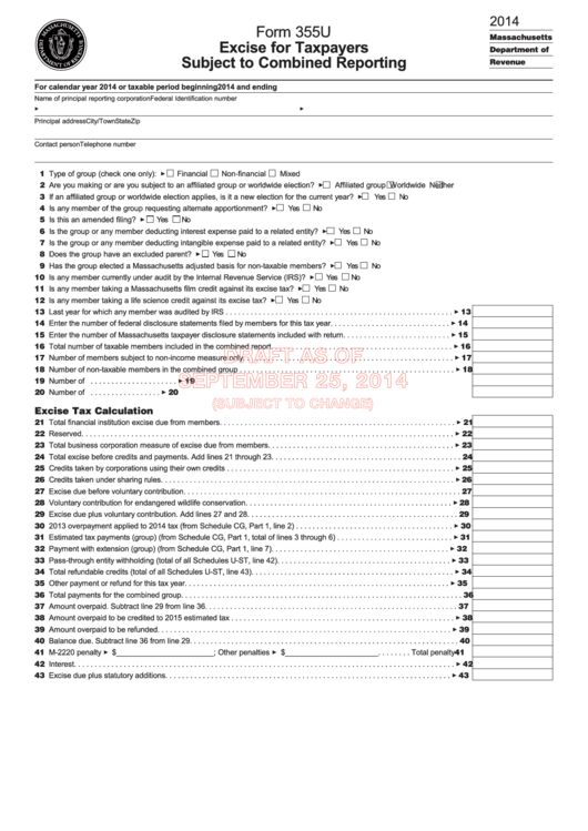 Form 355u Draft - Excise For Taxpayers - Subject To Combined Reporting - 2014 Printable pdf