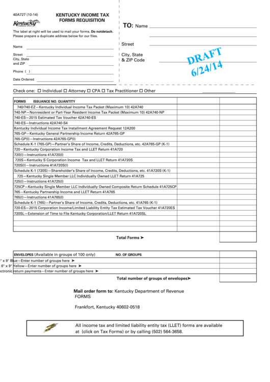 Form 40a727 Draft - Kentucky Income Tax Forms Requisition - 2014 Printable pdf