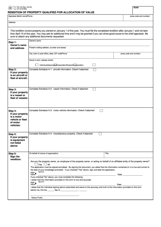 Fillable Form 50-145 - Rendition Of Property Qualified For Allocation Of Value - 1997 Printable pdf