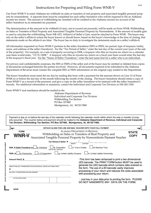 Fillable Form Wnr-V - Withholding On Sales Or Transfers Of Real Property And Associated Tangible Personal Property - 2013 Printable pdf