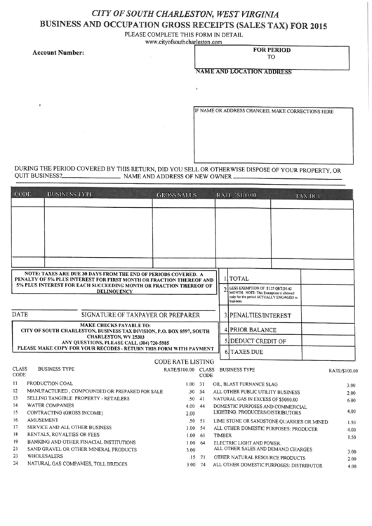 Business And Occupation Gross Receipts (Sales Tax) - City Of South Charleston - 2015 Printable pdf