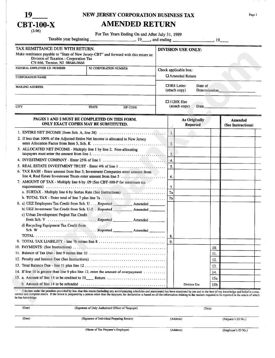 Form Cbt-100-X - Amended Return - New Jersey Corporation Business Tax