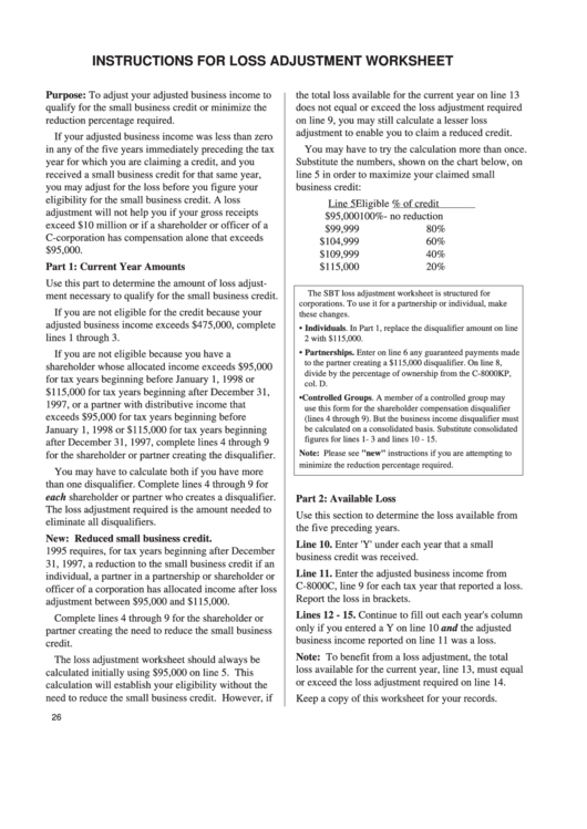 Instructions For Form 3307 - Sbt Loss Adjustment Worksheet For The Small Business Credit Printable pdf