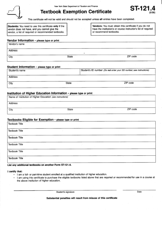 Form St-121.4 - Textbook Exemption Certificate - New York State Department Of Taxation Printable pdf