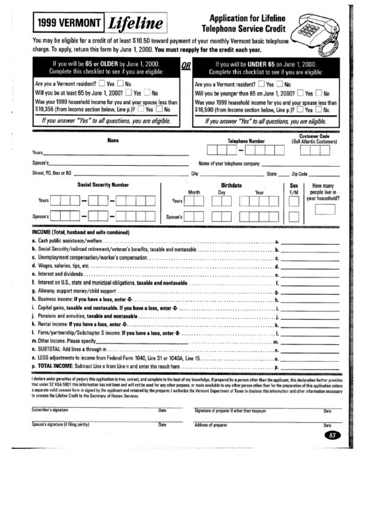 Application For Vermont Lifeline Telephone Service Credit - 1999 Printable pdf