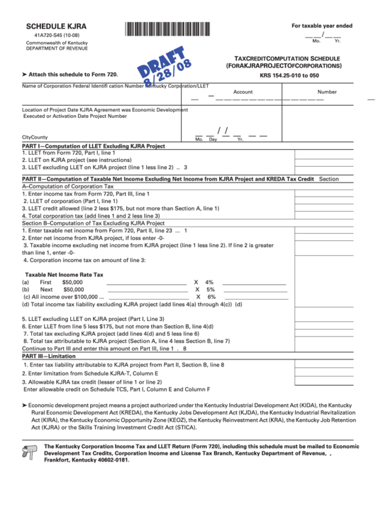 Form 41a720-S45 Draft - Schedule Kjra - Tax Credit Computation Schedule (For A Kjra Project Of Corporations) - 2008 Printable pdf