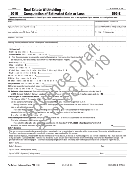 California Form 593-E Draft - Real Estate Withholding - Computation Of Estimated Gain Or Loss - 2010 Printable pdf