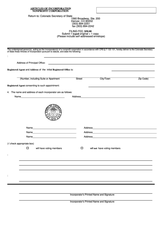 Articles Of Incorporation For A Nonprofit Corporation Form - Colorado Secretary Of State Printable pdf