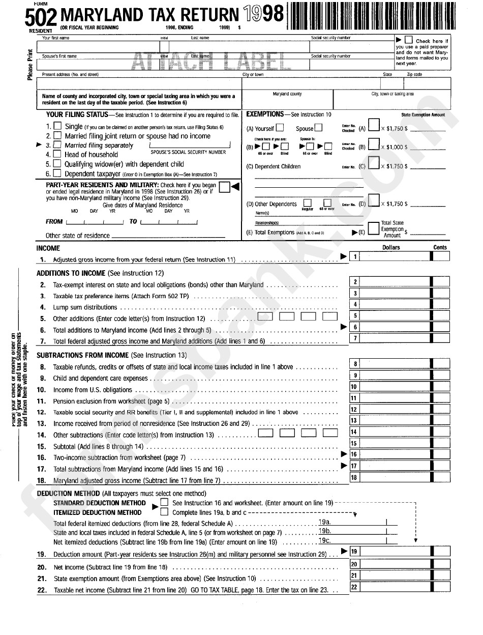 Form 502 - Maryland Tax Return - 1998