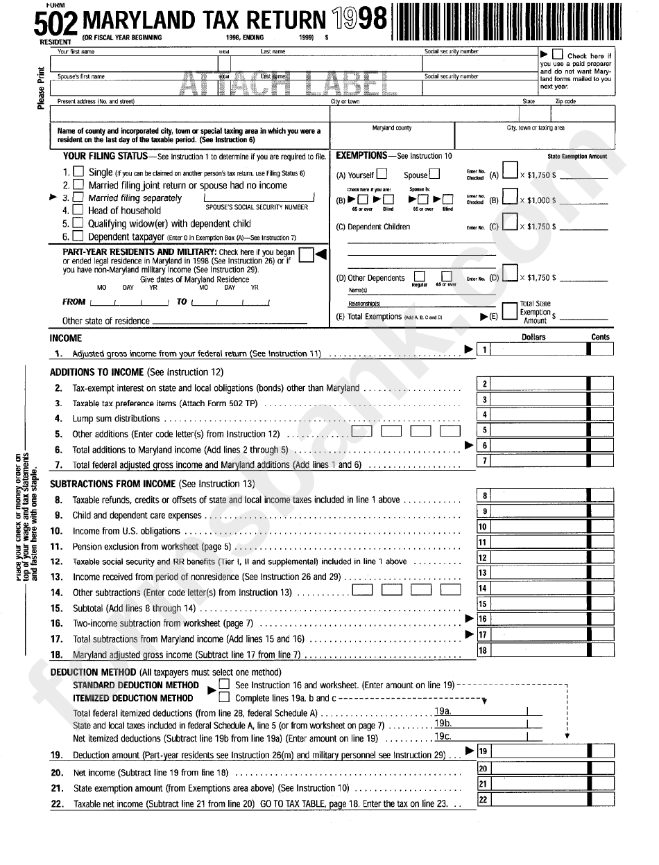 Fillable Form 502 Maryland Tax Return 1998 Printable Pdf Download