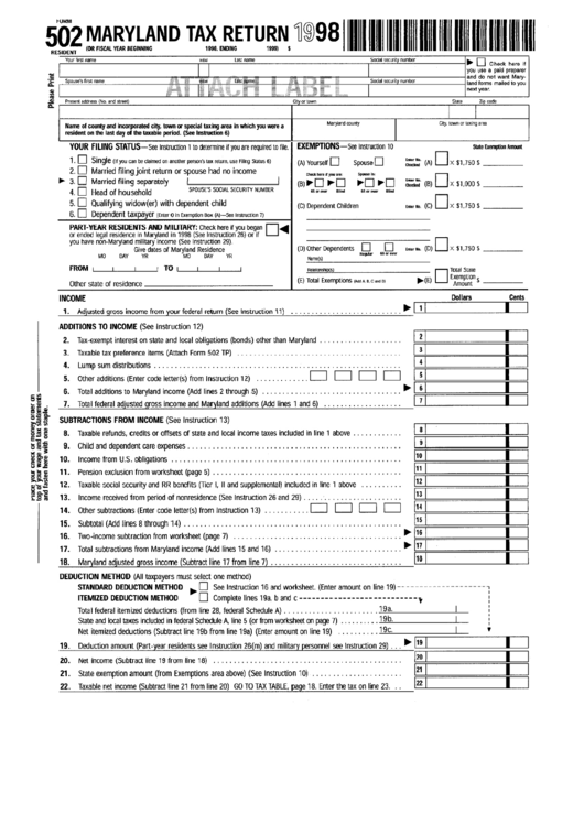 Fillable Form 502 - Maryland Tax Return - 1998 Printable pdf