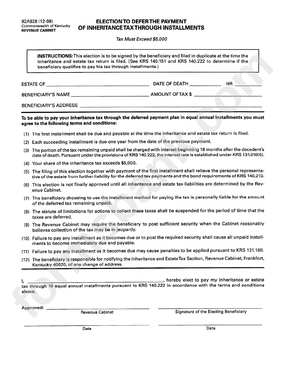 Form 92a928 - Election To Defer The Payment Of Inheritance Tax Through Installments