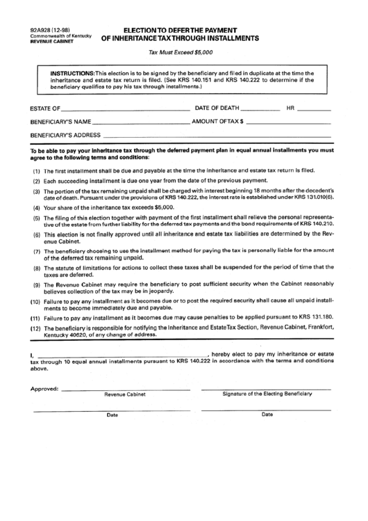 Form 92a928 - Election To Defer The Payment Of Inheritance Tax Through Installments Printable pdf