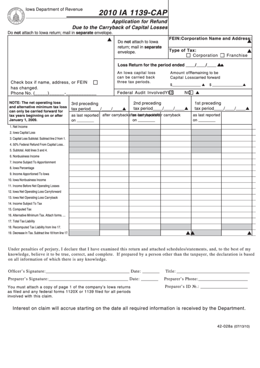 Form Ia 1139-Cap - Application For Refund Due To The Carryback Of Capital Losses - 2010 Printable pdf