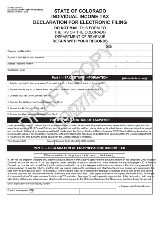 Form Dr 8453 Draft - Individual Income Tax Declaration For Electronic Filing - 2010 Printable pdf