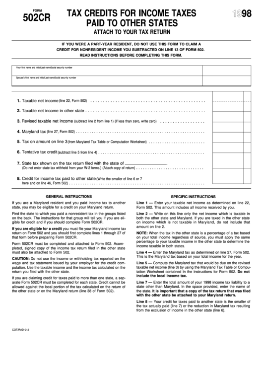 Fillable Form 502 Cr - Tax Credits For Income Taxes Paid To Other States - 1998 Printable pdf